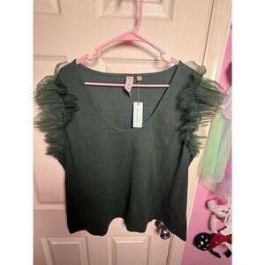 Dolan Left Coast Anthropologie Moss Green Ruffle Tulle Shoulder Knit Top 3X NEW
